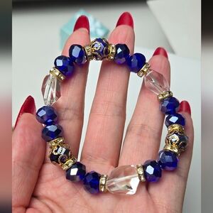 Dark Blue & Clear Faceted Resin Crystal Beaded Stretch Bracelet